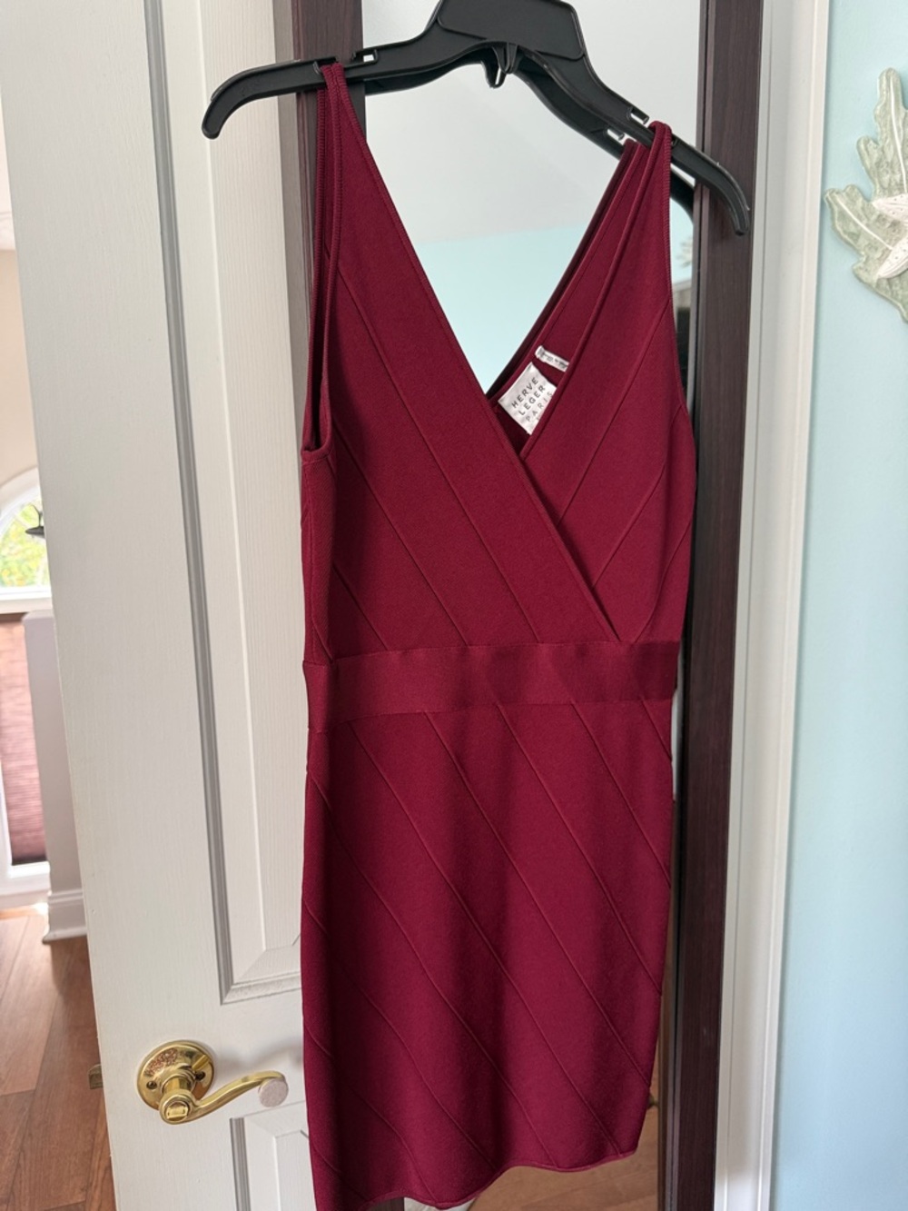 Herve Leger Deep Burgundy Sleeveless V-Neck Midi Dress
